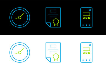 Poster - set line mobile phone, clock and certificate template icon. vector