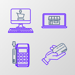 Poster - set line human hand holding with credit card, pos terminal inserted, shopping building on screen lap
