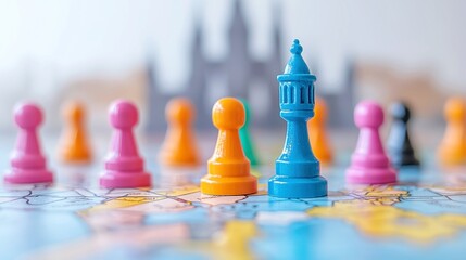Poster - Narrative Towers, a board game where players explore a vibrant map, color-coded buildings unveil character arcs, guiding story progression through strategic choices.