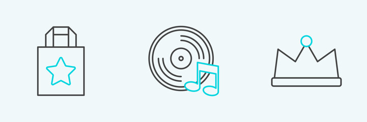 Poster - set line crown, paper shopping bag and vinyl disk icon. vector