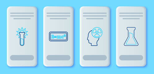 Poster - Set line Equation solution, Head and radiation symbol, Test tube flask and icon. Vector