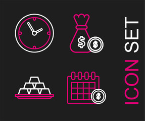 Poster - set line financial calendar, gold bars, money bag and coin and clock icon. vector