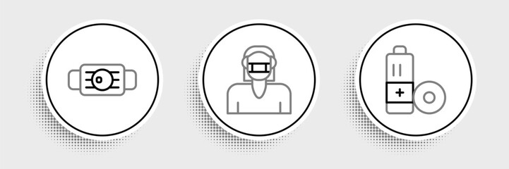 Poster - Set line Battery, Medical protective mask and Face in icon. Vector