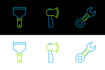 Aufkleber - Set line Wrench spanner, Putty knife and Wooden axe icon. Vector