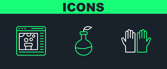 Poster - Set line Medical rubber gloves, Chemical online and Plant breeding icon. Vector