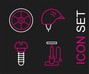 Poster - Set line Bicycle air pump, Metallic screw, helmet and wheel icon. Vector