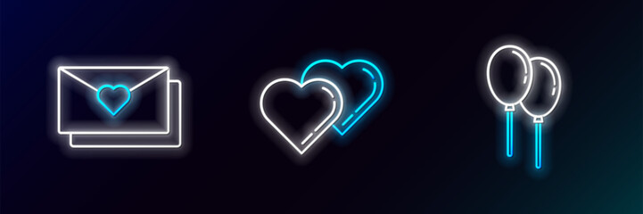 Poster - set line balloons with ribbon, envelope valentine heart and two linked hearts icon. glowing neon. ve