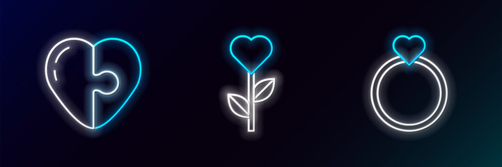 Poster - Set line Wedding rings, Heart and shape flower icon. Glowing neon. Vector