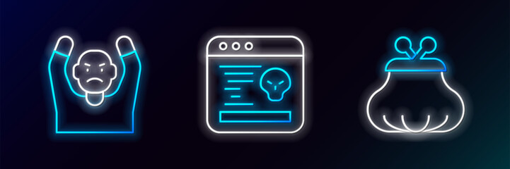Poster - set line wallet, thief surrendering hands up and system bug icon. glowing neon. vector