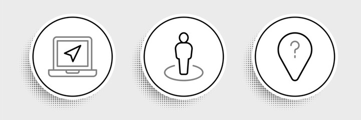 Poster - set line unknown route point, laptop with location marker and location person icon. vector