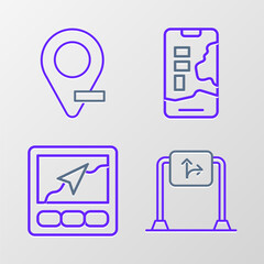 Poster - set line road traffic sign, gps device with map, city navigation and location icon. vector