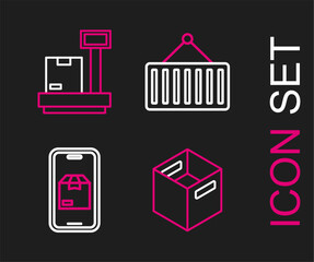 Poster - set line carton cardboard box, mobile app delivery tracking, container crane and scale with icon. ve