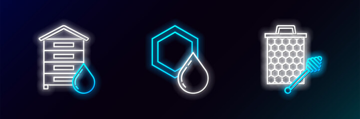 Poster - set line honeycomb with honey dipper stickicon, hive for bees and icon. glowing neon. vector