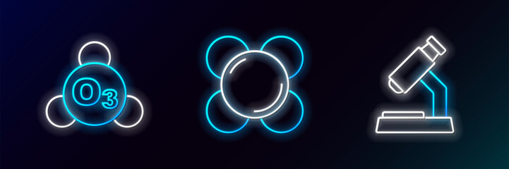 Poster - Set line Microscope, Ozone and Molecule icon. Glowing neon. Vector