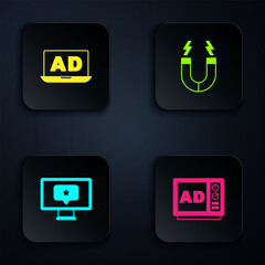 Poster - Set Advertising, , Monitor with star and Magnet. Black square button. Vector