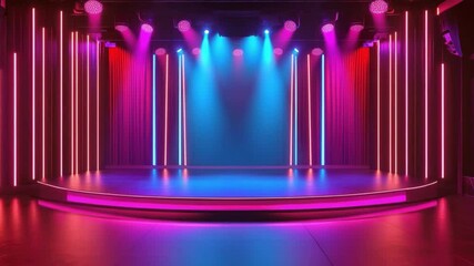 Poster - Vibrant Stage with Colorful Lighting in Pink and Blue, Perfect for Concerts, Performances, and Dance Shows, Showcasing Modern Ambiance and Dynamic Atmosphere