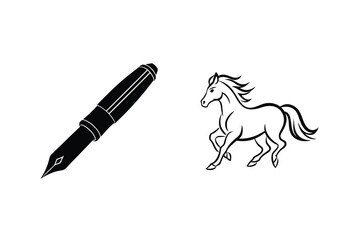 Poster - Pen And Horse Drawing Black Illustration Vector Simple Design On White Background