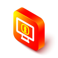 Fototapete - Isometric line Monitor with information icon isolated on white background. Orange square button. Vector