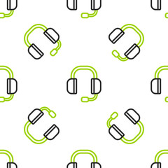 Poster - Line Headphones icon isolated seamless pattern on white background. Support customer service, hotline, call center, faq, maintenance. Vector