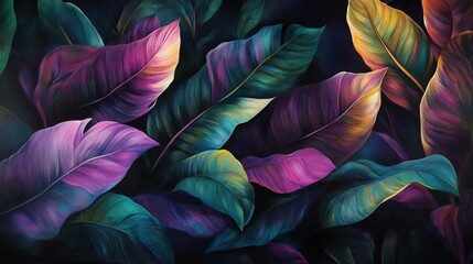 Poster - A vibrant collection of tropical leaves in rich colors, creating an artistic and lively backdrop.