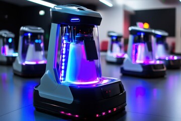 Poster - Robots equipped with colorful lights for autonomous cleaning in a modern indoor space