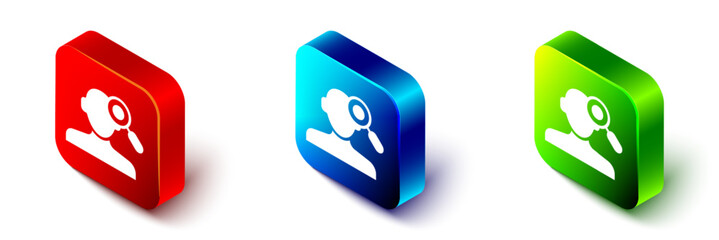 Poster - Isometric Finding a problem in psychology icon isolated on white background. Red, blue and green square button. Vector