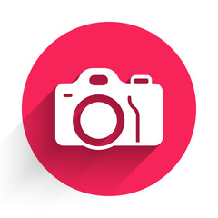 Poster - White Photo camera icon isolated with long shadow background. Foto camera. Digital photography. Red circle button. Vector
