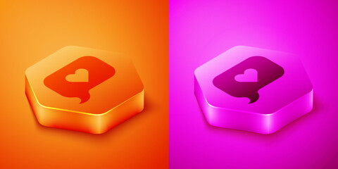 Poster - isometric heart in speech bubble icon isolated on orange and pink background. happy valentines day. 