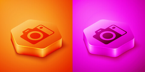Poster - Isometric Photo camera icon isolated on orange and pink background. Foto camera. Digital photography. Hexagon button. Vector