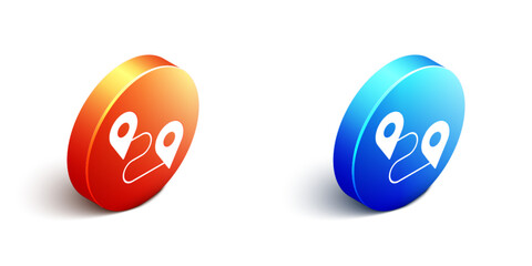 Fototapete - Isometric Route location icon isolated on white background. Map pointer sign. Concept of path or road. GPS navigator. Orange and blue circle button. Vector