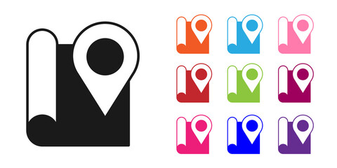 Fototapete - Black Folded map with location marker icon isolated on white background. Set icons colorful. Vector