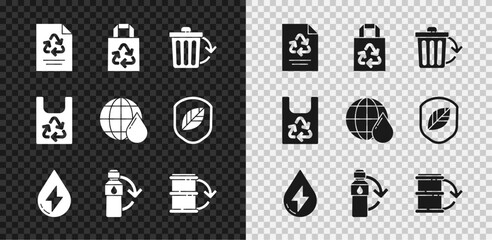 Poster - Set Paper with recycle, bag, Recycle bin, Water energy, Recycling plastic bottle, Eco fuel barrel, Plastic and Earth planet water drop icon. Vector