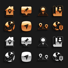 Fototapete - Set City map navigation, Folded with location marker, Location the globe, Route, Satellites orbiting Earth, house and Push pin icon. Vector