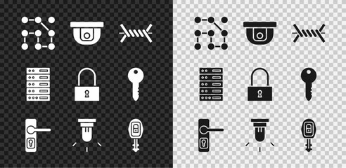 Poster - set graphic password protection, motion sensor, barbed wire, door handle, car key with remote, serve