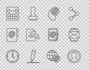 Poster - Set line Clock, Create account screen, Mail and e-mail, Pencil with eraser, Calendar, Document cursor, Earth globe and Mobile envelope icon. Vector