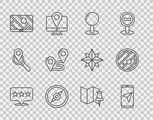Poster - set line map pointer with star, city map navigation, push pin, compass, route location, folded push 