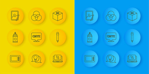 Poster - Set line Graphic tablet, Paint spray can, Speech bubble with text CMYK, Laptop and cursor, Pencil eraser, Isometric cube and RGB color mixing icon. Vector