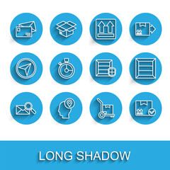 Poster - Set line Envelope with magnifying glass, Delivery man cardboard boxes, Hand truck and, Package check mark, Fast time delivery, Wooden and pack security shield icon. Vector