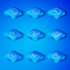 Poster - Set line Resume, Project team base, Team leader, Hand like, Question mark, Head hunting and icon. Vector