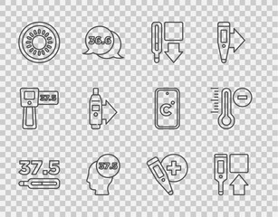 Poster - Set line Medical thermometer, Digital, High human body temperature, Sun, and Meteorology icon. Vector