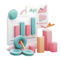 Poster - A 3D graphic representation of data analysis, using pastel colors and various chart types.