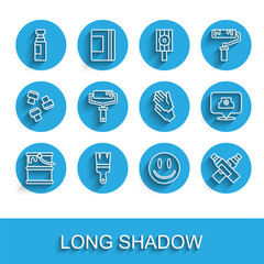 Aufkleber - Set line Paint bucket, brush, Marker pen, Smile face, roller, Spray can nozzle cap and Rubber gloves icon. Vector