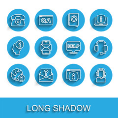 Fototapete - Set line Information, Envelope with question mark, Telephone 24 hours support, Monitor FAQ information, Man headset, Mobile and envelope, Headphones and Speech bubble text Help icon. Vector