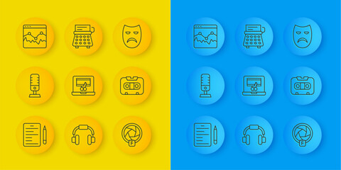 Poster - Set line Scenario, Microphone, Video recorder laptop, Camera shutter, Retro audio cassette tape, Music wave equalizer, Drama theatrical mask and typewriter icon. Vector