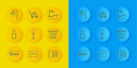 Poster - Set line Air conditioner, Please do not disturb, Table lamp, Telephone handset, Interior fireplace, Shower, Bathtub and Trolley suitcase icon. Vector