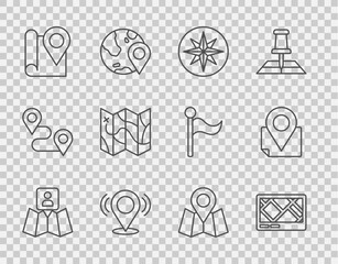 Fototapete - Set line Folded map with location marker, Gps device, Wind rose, Map pin, and icon. Vector