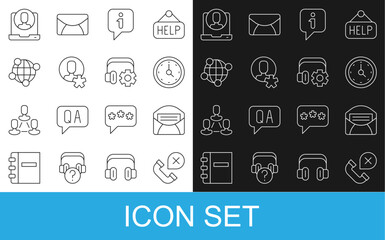 Poster - Set line Declined or missed phone call, Mail and e-mail, Clock, Information, Elected employee, Global technology, Telephone 24 hours support and Headphoneswith settings icon. Vector