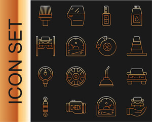 Poster - Set line Auto service check automotive, Car, Traffic cone, key with remote, Motor gas gauge, Repair car lift, filter and brake disk caliper icon. Vector