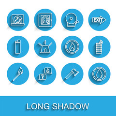 Poster - Set line Burning match with fire, Phone emergency call 911, Interior fireplace, Firefighter axe, Water drop, Flasher siren, burning building and flame icon. Vector