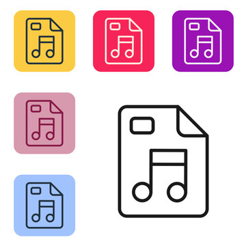 Black line MP3 file document. Download mp3 button icon isolated on white background. Mp3 music format sign. MP3 file symbol. Set icons in color square buttons. Vector